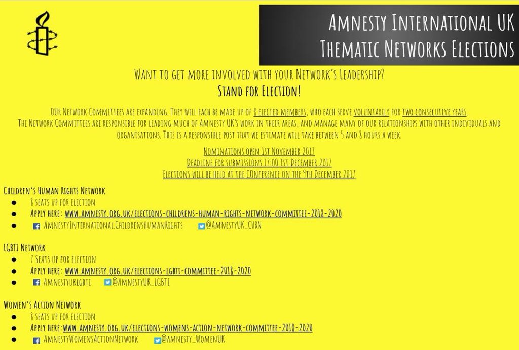 amnestylondon's tweet photo. Please consider standing for @Amnesty_WomenUK @AmnestyUK_CHRN and @AmnestyUK_LGBTI Networks. Details on image. https://t.co/WA4fnJXM3k