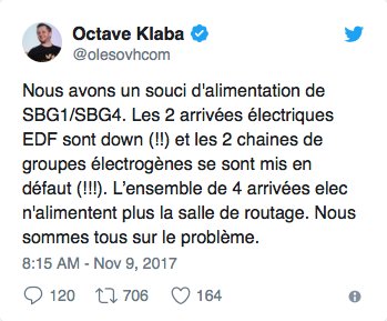 ⚠️ Depuis 7 h ce matin, la société #OVH, l’hébergeur des sites internets connaît une grosse panne d’alimentation électrique ! Cela pénalise les serveurs et donc de nombreux sites internets. #ovhdown