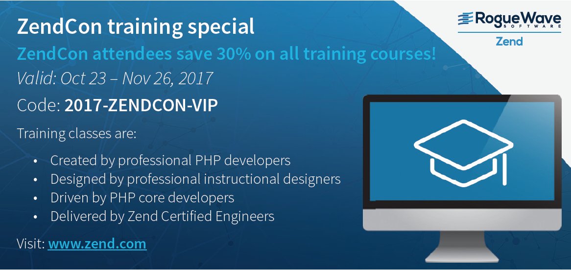 If you attended <a href="/zendcon/">ZendCon & OpenEnterprise</a>, save 30% on all our training courses!

Check them out here: bit.ly/2eHG5Dk 

#ZendCon2017 #PHP