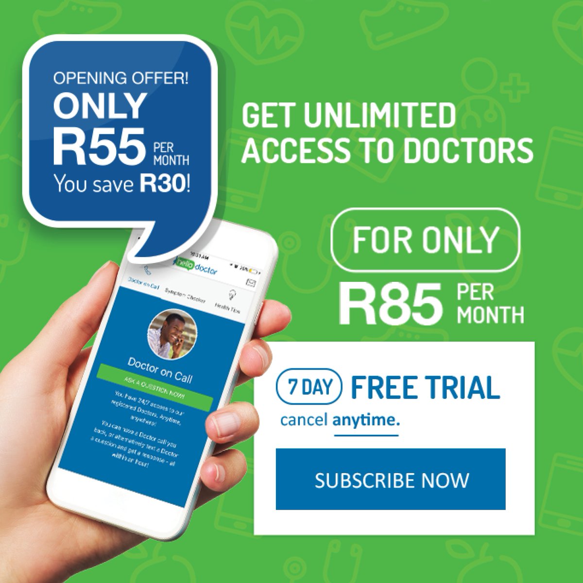Hello_DoctorSA's tweet photo. We believe that EVERYONE has the right to health care. Our goal is to give everyone the opportunity to lead a healthier and happier life through affordable and immediate access to doctors.
#DoctorInYourPocket
Want more information? https://t.co/rwzy0mHzlx
#AskADoctor #App4That https://t.co/01ZwyK0Rbg