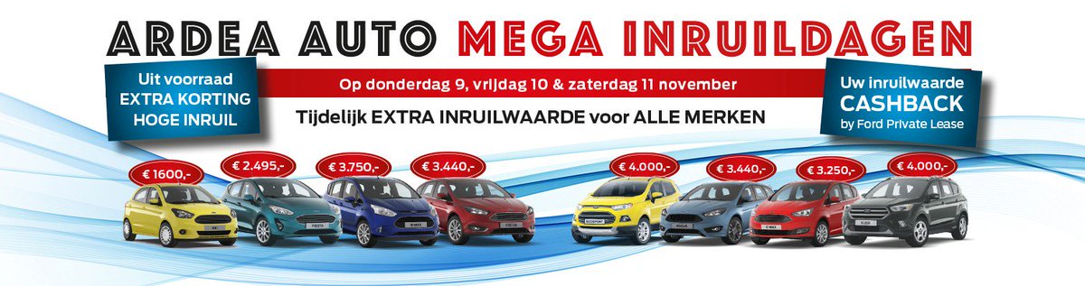 Vanaf donderdag 9 t/m zaterdag 11 november zijn er de Ardea Auto Mega Inruildagen! Alle auto's direct uit voorraad leverbaar, extra korting, hoge inruil en uw inruilwaarde geheel cashback bij privé lease!
Bekijk alle aanbiedingen op ardeaauto.nl/aanbiedingen