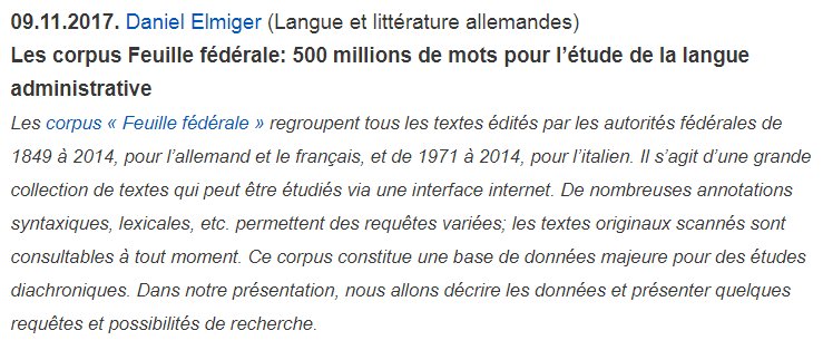 TeDis_GVA's tweet photo. Voici le résumé de la séance d’aujourd’hui : « Les corpus Feuille fédérale: 500 millions de mots pour l’étude de la langue administrative » par Daniel Elmiger (Langue et littérature allemandes) @UNIGEnews @FTI_UNIGE @Lettres_UNIGE https://t.co/WLLcAmZ9Xe