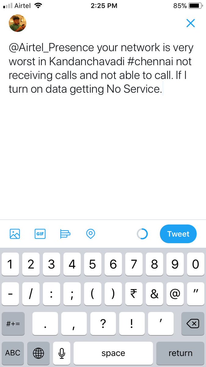 dksuresh's tweet photo. @Airtel_Presence your network is very worst in Kandanchavadi #chennai not receiving calls and not able to call. If I turn on data getting No Service.? See the signal strength in the image. https://t.co/5iXTRMheK5
