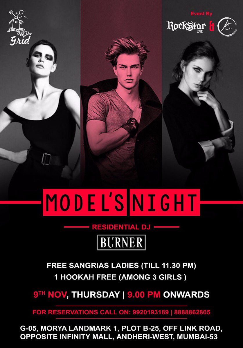 HOP_Mumbai's tweet photo. Model's Night at @OffTheGrid_Mum, today, 9pm onwards

- Free sangria and cocktails for ladies till 11.30PM
- 1 hookah free (among 3 girls )

For Reservations call on: 099679 28881 / 022 3203 0888/ 8888862805 

#OffTheGrid #ModelsNight #Thursday #Lokhandwala #Mumbai #Andheri https://t.co/kPQmEHBh2e