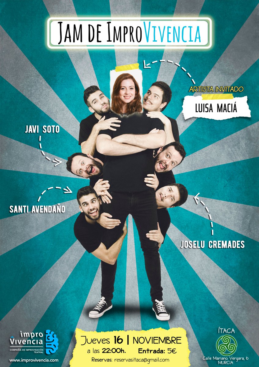ImproVivencia's tweet photo. ¡CAMBIAMOS DE ESPACIO EN MURCIA! Nos mudamos a Itaca  

#JAMdeImpro con Luisa Maciá el jueves 16 de NOV a las 22:00h. en Ítaca (Calle Mariano Vergara, 6).   

Reservas: reservasitaca@gmail.com https://t.co/SLkEmR9G4p