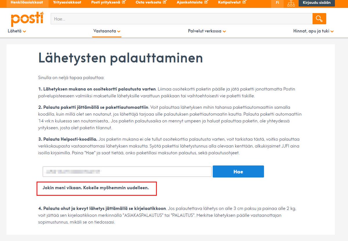 Hub Politics Bread Janne Honkonen on Twitter: "Quality of the #Finnish #Postal services  (#posti) can be described with a single highlighted sentence from their  website. "Something went wrong" Been there two days now. A really