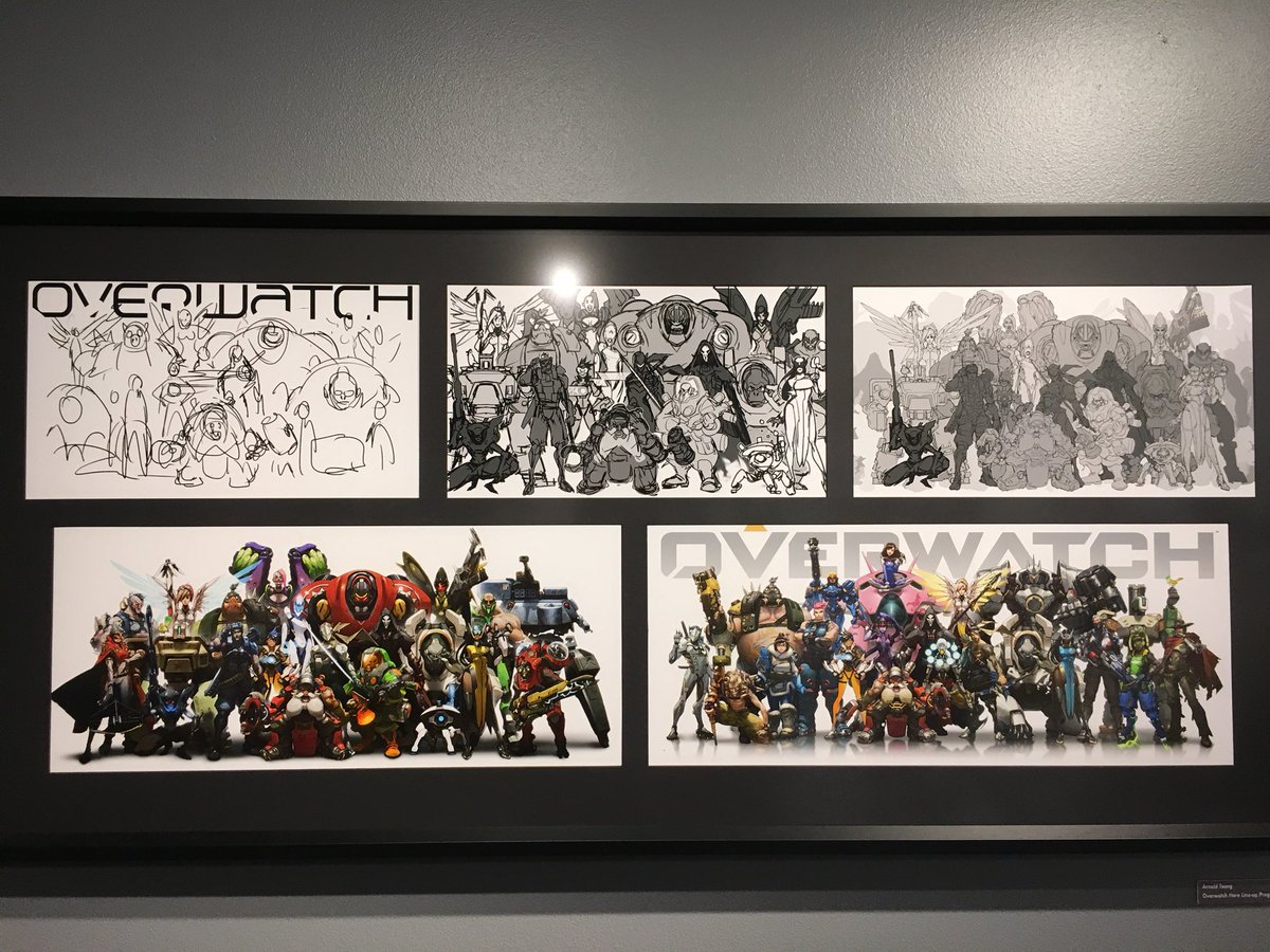 Progression of the Overwatch group shot from sketch to the final group of heroes