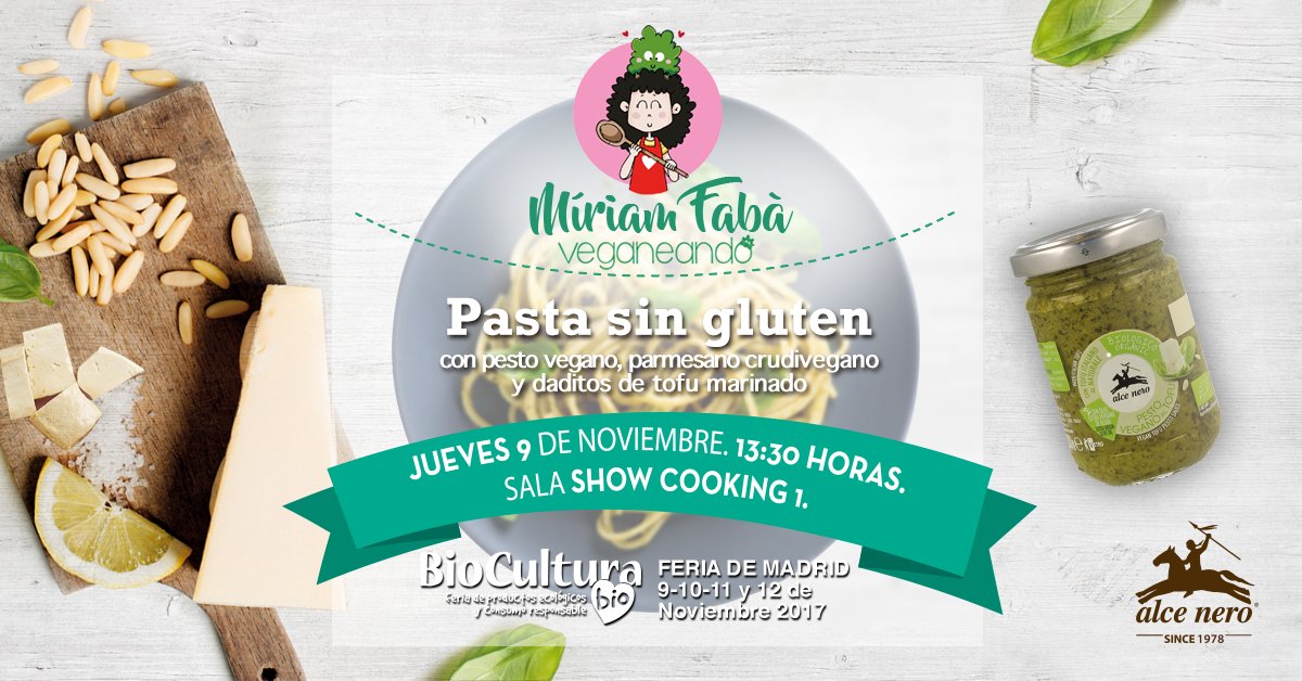 Qbio_bio's tweet photo. Hoy a las 13:30 en @biocultura #Madrid, #showcooking de @veganeando y @alcenero: #Pasta #singluten con pesto #vegano, parmesano crudivegano y daditos de #tofu marinado. Sala Show Cooking 1. ¡No te lo pierdas! https://t.co/83INhd0bJx