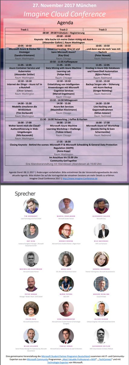 Hier ein Ausblick auf die Agenda der Imagine Cloud Conference 2017 am 27.11.17 bei <a href="/MicrosoftDE/">Microsoft Germany</a> in #München. #Danke an alle Sprecher, Unterstützer &amp; alle angemeldeten Teilnehmer. Weitersagen: Bald ist "Sold Out": imagine-conference.de #JetztAnmelden #PlatzSichern #PleaseRT #Wow