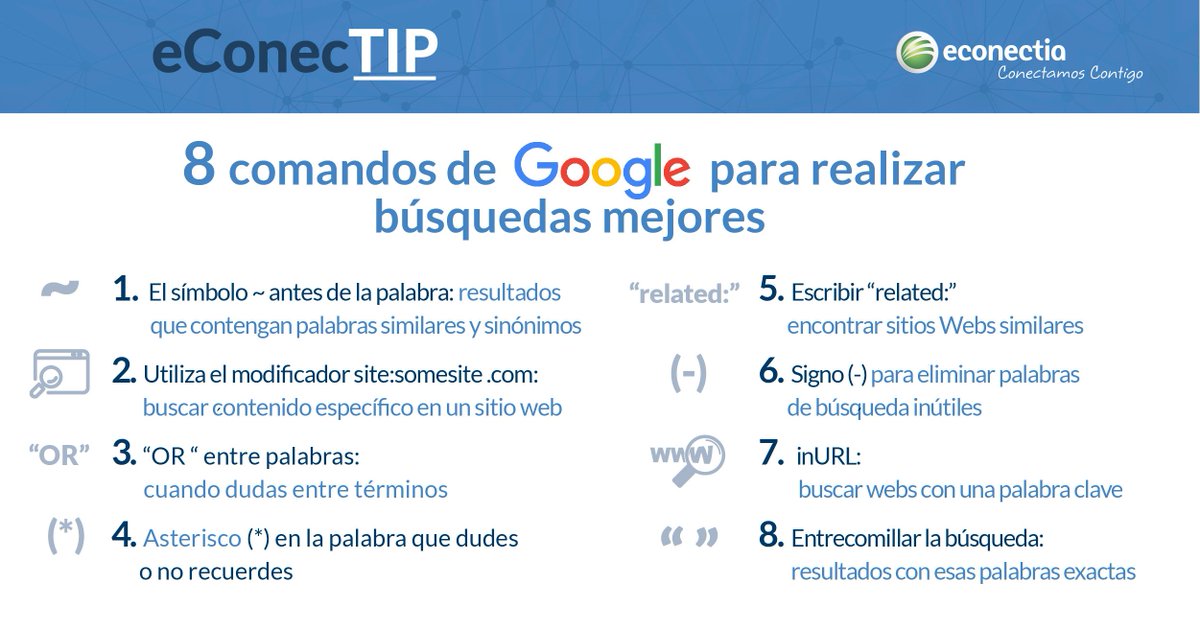 econectia_'s tweet photo. ✔ #eConecTIP 👉 Trucos para realizar búsquedas más eficientes en #Internet ¿Conocías estos comandos? Más consejos en nuestro #blog ➣ https://t.co/dGdXHqgGwA https://t.co/0ADGIGXRdw