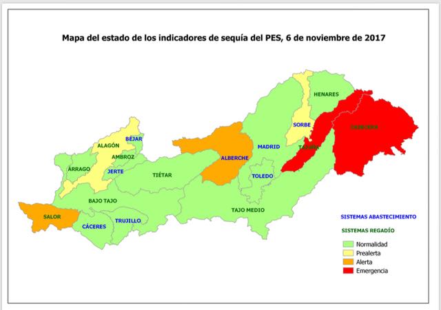 chtajo's tweet photo. Mapa del estado de los indicadores de sequía del Plan Especial de Sequía de la cuenca del #Tajo por sistemas hidrológicos, a 6 de noviembre. https://t.co/PIofSx330K