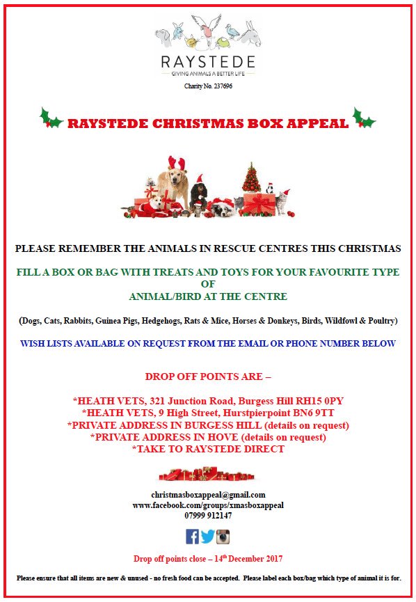 sussexliving's tweet photo. The @Raystede Christmas Box Appeal is back for 2017- with drop off points in #Hurstpierpoint #BurgessHill #Hove &amp; at the centre in #Ringmer https://t.co/mDCEeZVcfo