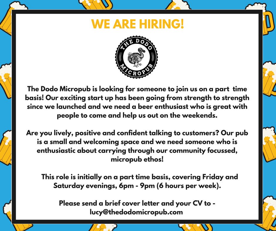 thedodomicropub's tweet photo. Your little Micropub needs you! We are hiring for weekend staff. Come and join us! #pubvacancy #joboffer #micropub #W7 https://t.co/RZcN4kBPwR