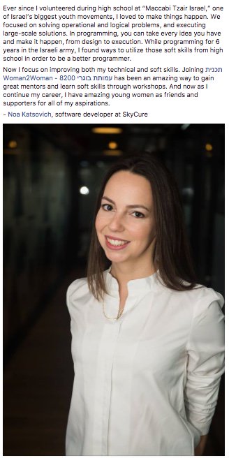 WomenStartupNtn's tweet photo. In programming, you can take every idea you have and make it happen, from design to execution - Noa, software dev at #SkyCure #womenintech #girlswhocode #W2W #engineer #idf #startupnation #startups #tlv #Israel https://t.co/pr2dsYsB8g