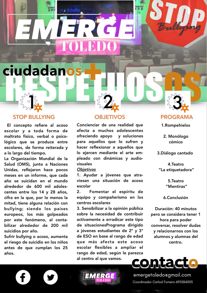 emergetoledo's tweet photo. #Atrapados #Bullying Nos sumaremos con nuestra iniciativa “Preformace 🛑 Bullying“ con voluntarios de Escualas y academias  de Teatro y Canto de #Toledo Marcamos la diferencia. Pequeños gestos, GRANDES RAZONES. @LuzDelTajo https://t.co/73z96aV9ZC