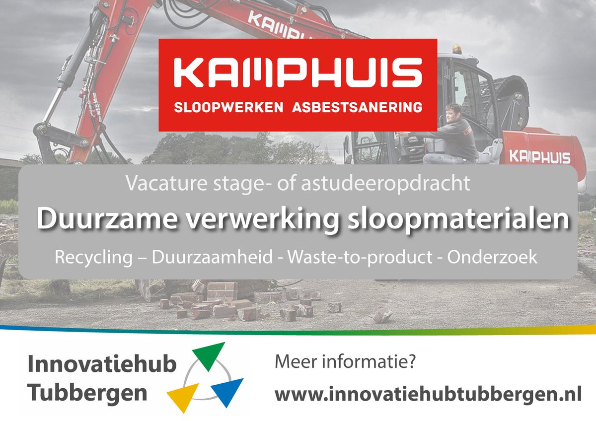 Passie voor duurzaamheid? Student? Cradle to Cradle, re- en upcycling en waste-to-products? <a href="/kamphuissloop/">Kamphuis Sloopwerken</a> heeft een uitdaging voor jou! Bekijk de volledige vacature op lnkd.in/dQqSDFj of neem contact op met Wouter Reilink (info@innovatiehubtubbergen.nl of 0629037836).