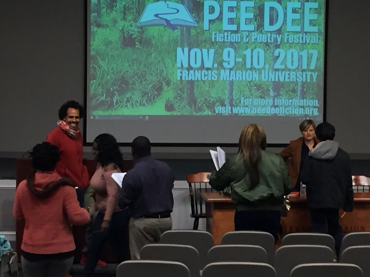 Ross Gay and Landon Houle with Francis Marion students at the Pee Dee Fiction and poetry festival. #pdfpf17 <a href="/PDFPF/">PDFPF</a> peedeefiction.org