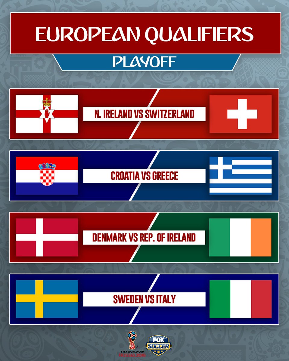 FOXSoccer's tweet photo. The UEFA Playoffs kick off today with the 1st legs of Northern Ireland vs Switzerland and Croatia vs Greece.

Who will claim Europe's last 4 World Cup spots? #WCQ https://t.co/FTju4uI2JL