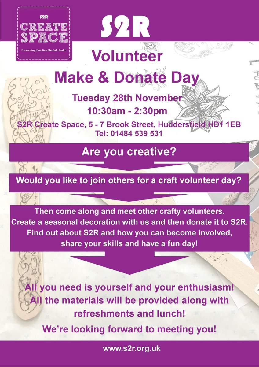 CreateSpaceS2R's tweet photo. Calling all #crafters, want to #volunteer your time &amp; skills? have fun &amp; help a #charity! @vckirklees @ @cr8tivekirklees @darnitworkshops https://t.co/ICIkEb2wsp