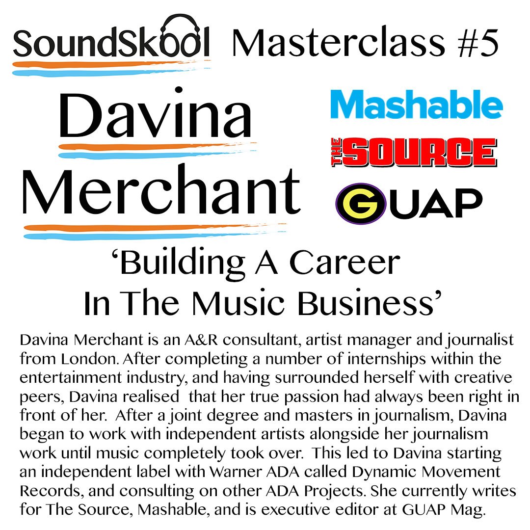 SoundSkool's tweet photo. Next week's masterclass will be from Davina Merchant on 'Building A Career In The Music Industry' - delivered courtesy of our partners at @UltimateSeminar - tune in next Wednesday for photos and updates! https://t.co/16e1UWXQXc