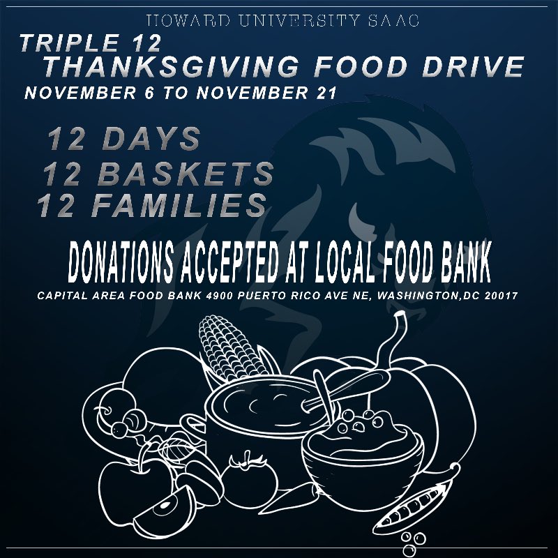 HowardUSAAC's tweet photo. 12 days, 12 baskets for 12 families. From Nov 6th to Nov 21st SAAC will be collecting food items to help families in need for the holiday season. #HowardUSAAC #Triple12 https://t.co/WBzZLXYm9u
