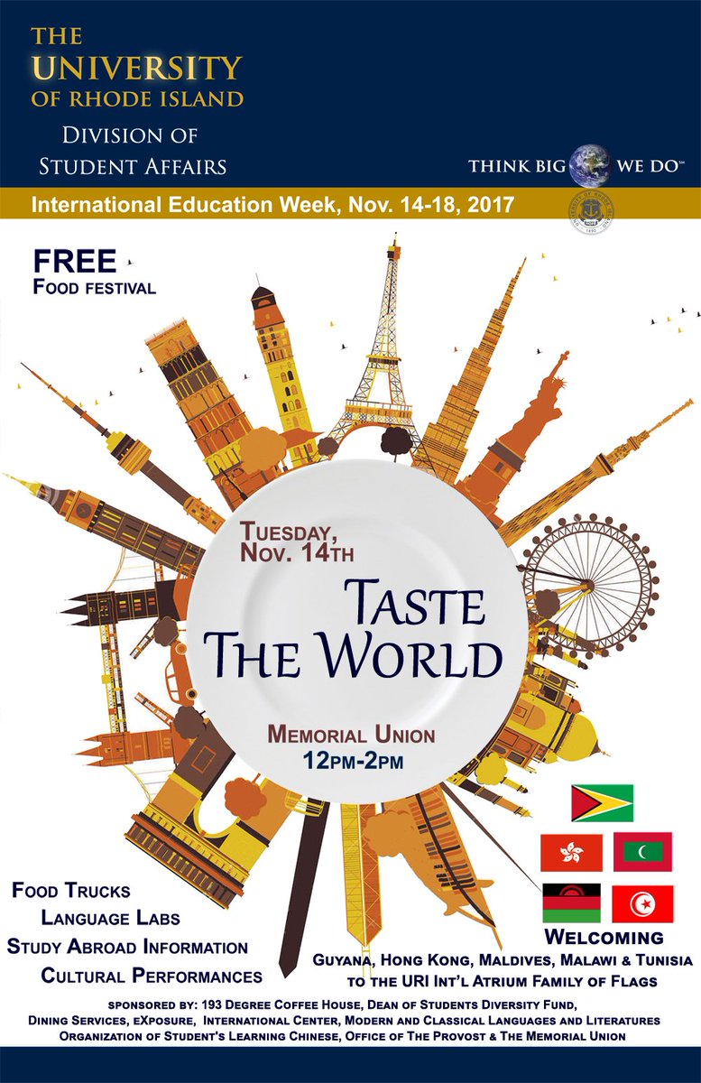 URI_MU's tweet photo. We're kicking off Intn'l Education Week on Tuesday. It's going to be a tasty day! @Ocreperi @foodtrucksin #BuddyBelly #mamitaslatinfoodtruck Free Sushi, Language Labs, Student Performances. 
#URIIEW2017 #URIStudentAffairs https://t.co/ph1UMpIo5H