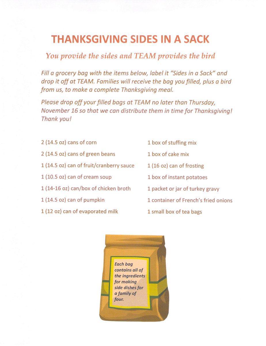 teamtomballtx's tweet image. Want to help TEAM provide Thanksgiving meals? We're collecting "sides in a sack." We ask that you fill a bag with the items on our shopping list. Families will receive a bird from TEAM along with their bag.
Please drop off your bag by Thursday, November 16. Thank you! 💜