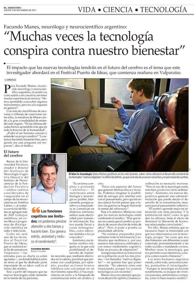 VCT_ElMercurio's tweet photo. Cómo afectarán las nuevas tecnologías al cerebro es el tema que el neurólogo y neurocientífico argentino Facundo Manes abordará en el Festival Puerto de Ideas que comienza mañana en Valparaíso. https://t.co/hCQDoDyfQ8 https://t.co/xoyqnOpVgE