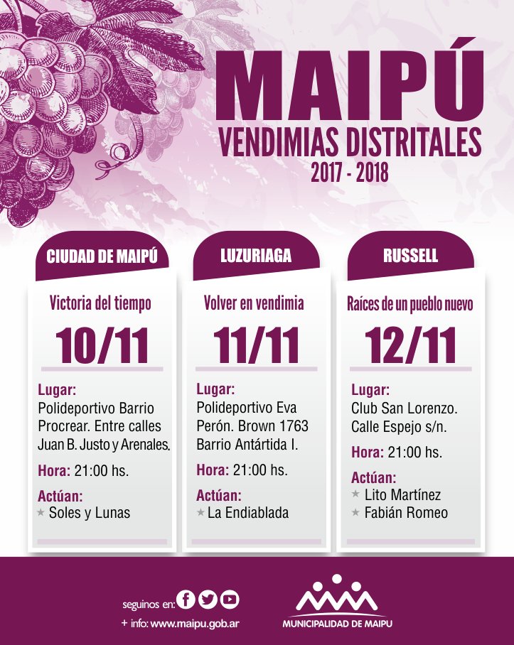 MaipuMunicipio's tweet image. Éste fin de semana continúan las #VendimiasDistritales 🍇
🍷 #Ciudad
📅 10 de noviembre | Polideportivo Barrio Procrear
🍷 #Luzuriaga
📅 11 de noviembre | Polideportivo Eva Perón
🍷 #Russell
📅 12 de noviembre | Club San Lorenzo