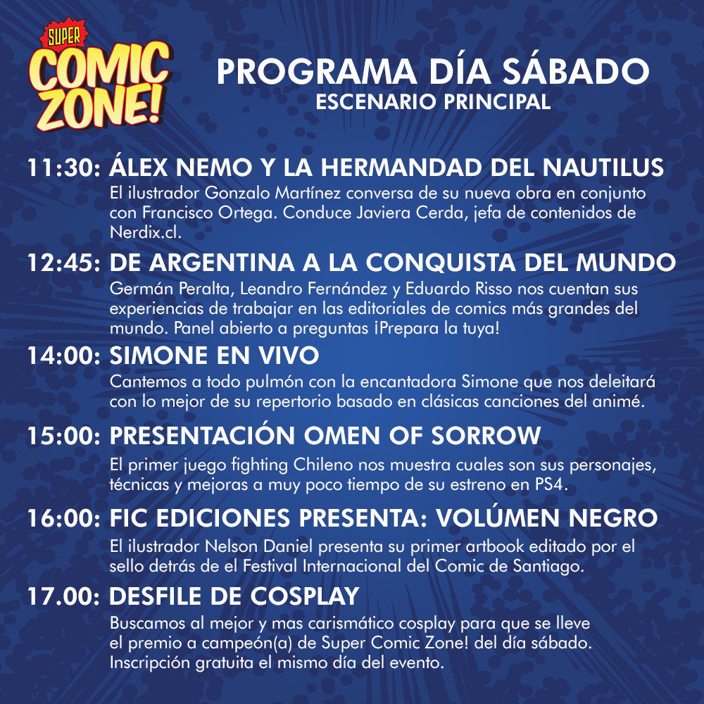 comiczone2018's tweet photo. 💥¡KABOOM!💥
Este es el programa completo para las actividades de los 2 escenarios de #SuperComicZone! durante este fin de semana. Recuerden que la entrada es LIBERADA en la @BibliotecadStgo https://t.co/YbJZWMFnEy