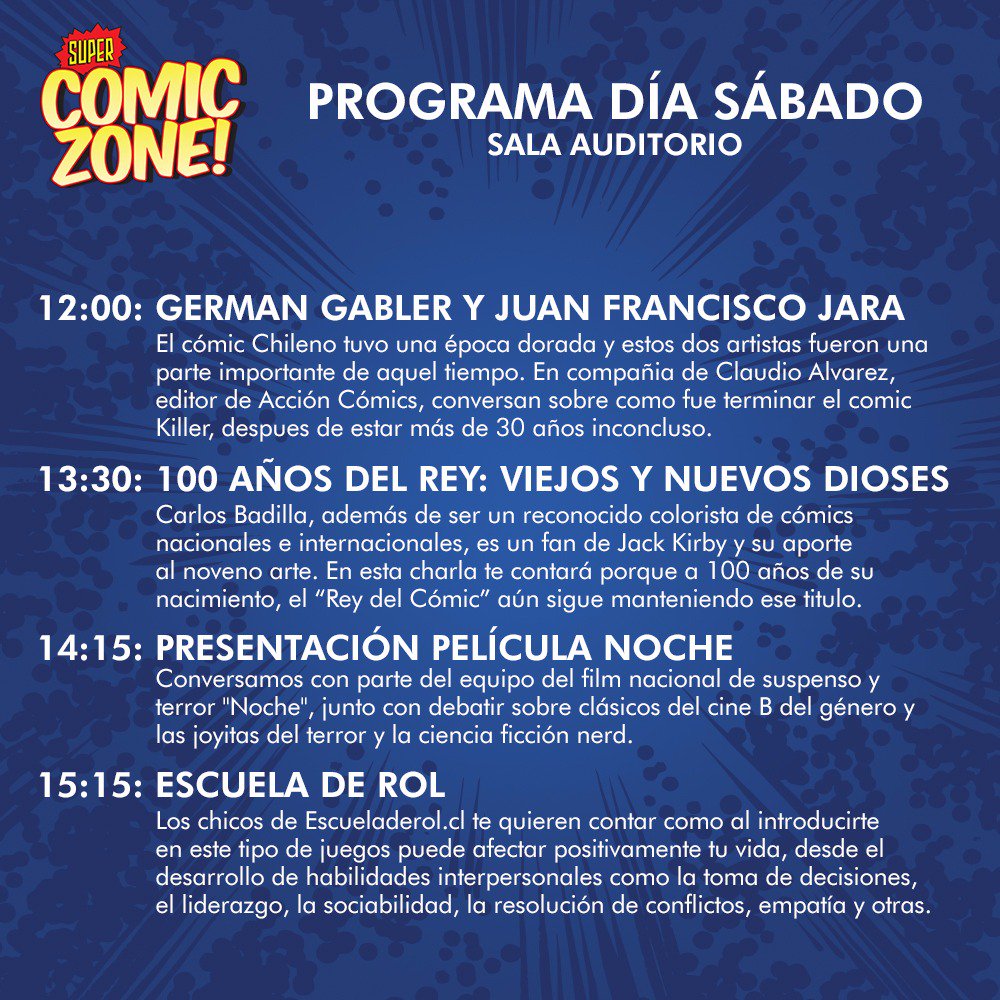 comiczone2018's tweet photo. 💥¡KABOOM!💥
Este es el programa completo para las actividades de los 2 escenarios de #SuperComicZone! durante este fin de semana. Recuerden que la entrada es LIBERADA en la @BibliotecadStgo https://t.co/YbJZWMFnEy