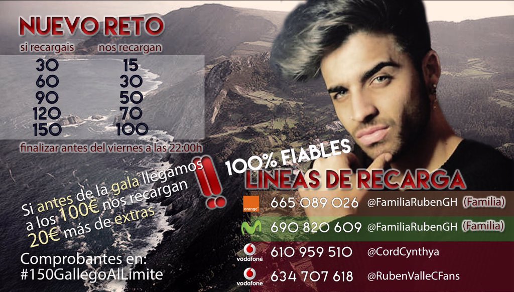 TeamAlysonE's tweet photo. #150GallegoAlLimite

Nuevo reto para acomular para Rubén, quien quiera hacerlo que lo haga a cualquiera de estas líneas. #GHDirecto https://t.co/n2GpXnhnZe