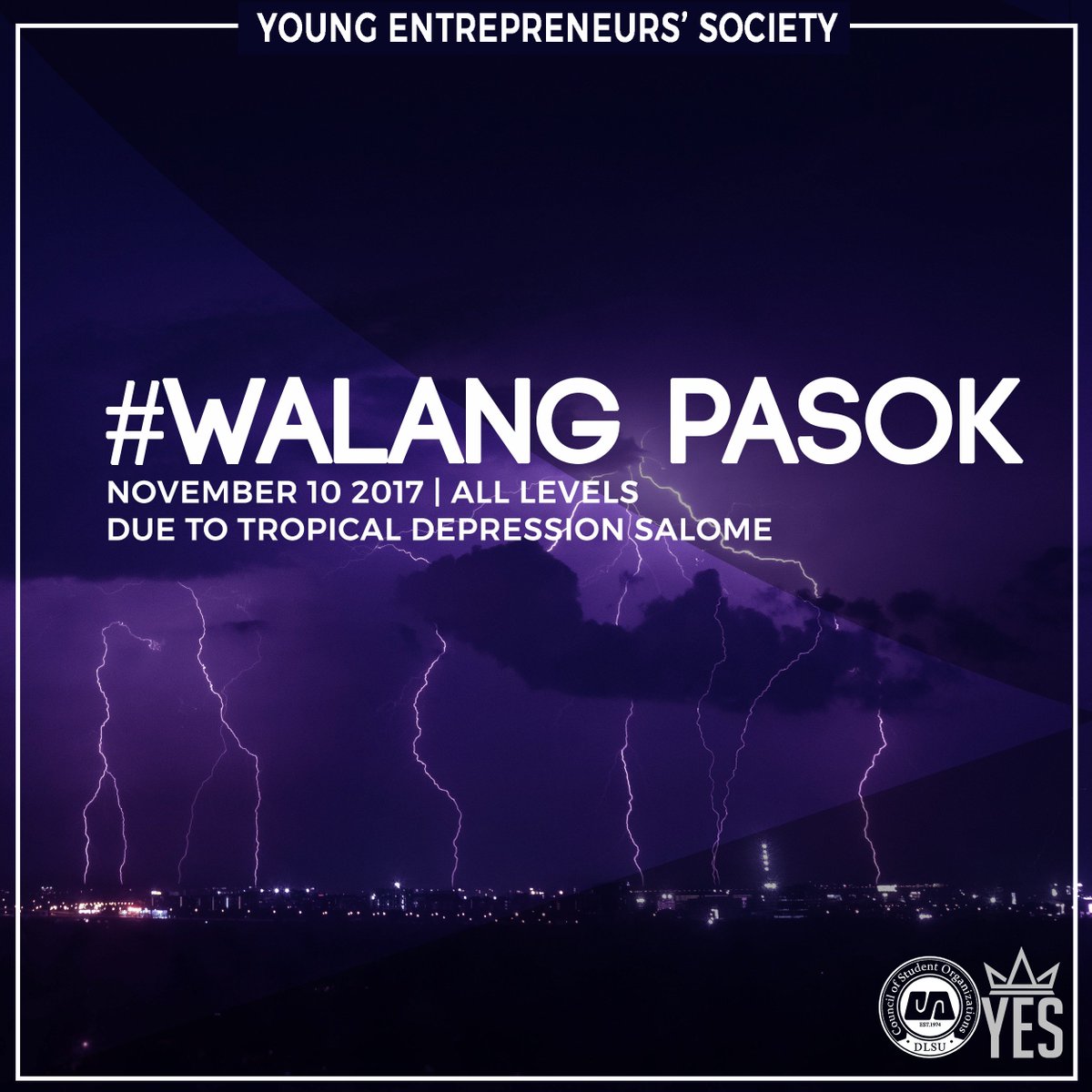 DLSUYES's tweet photo. Due to Tropical Depression Salome classes tomorrow, November 10, 2017 are suspended. Stay safe and dry Lasallians!
#WalangPasok #SalomePH https://t.co/ik1fRu9Wvp