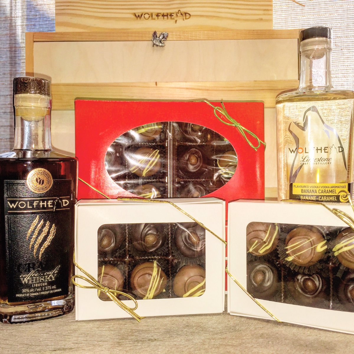 DrinkWolfhead's tweet photo. We are now selling Coffee Whisky Liqueur and Banana Caramel Vodka infused Chocolates! They are available in our retail store in boxes of 6 and 12. #drinkwolfhead #wolfheaddistillery #coffeewhiskyliqueur #bananacaramelvodka https://t.co/hFmv717APG