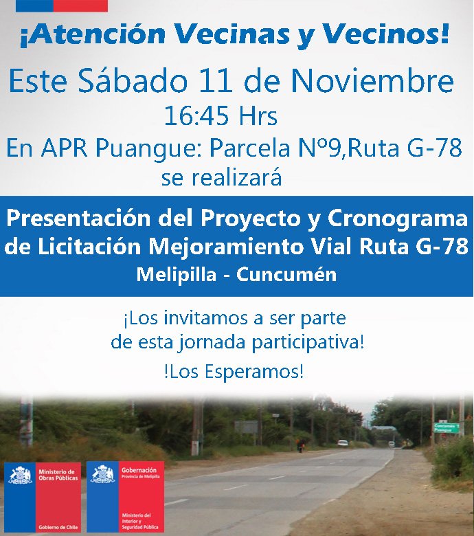 DPPMelipilla's tweet photo. Este 11 de noviembre se realizará la presentación del Proyecto y Cronograma de Licitación del Mejoramiento Vial de la Ruta G-78
La actividad es abierta a la comunidad y se desarrollará el sábado a las 16:45 horas, en la sede del APR Puangue, Parcela N°9, ruta G-78, sector Puangue https://t.co/UbQPdDVQV3