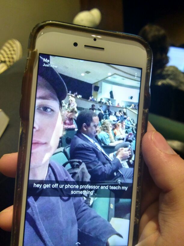 mc_prof's tweet photo. So meta. Me getting captured on Snapchat while tweeting about technology during #TAtakeover https://t.co/PEDeSgvnQy