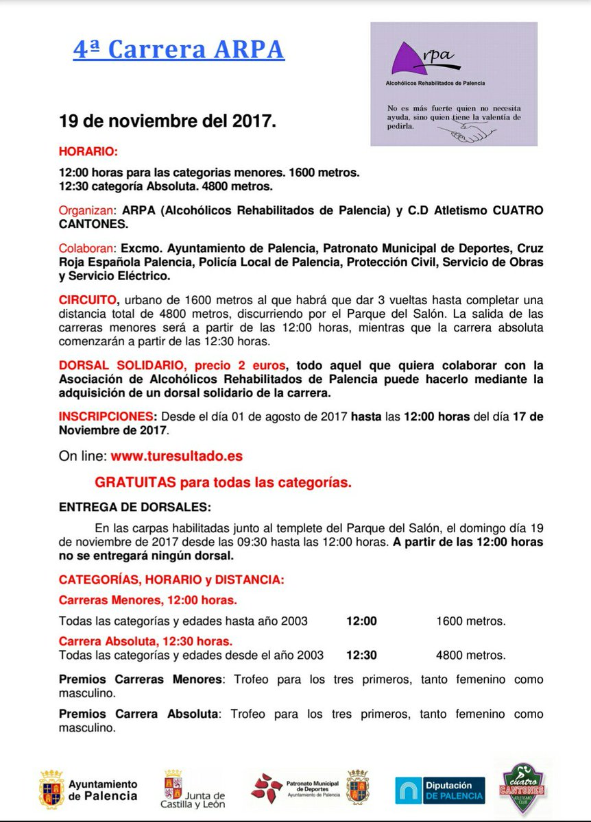 c_cantones's tweet photo. IV CARRERA DEL DÍA SIN ALCOHOL 
POR UNA BUENA CAUSA!!! 
INSCRIPCIONES GRATUITAS!! 
Inscripciones en https://t.co/EaztXp5hKu y en la sede de ARPA https://t.co/T61Q0RKgo7