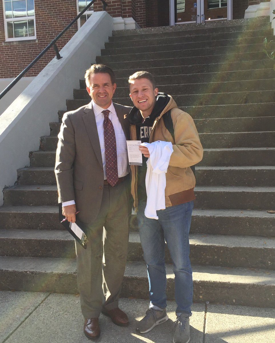 EKU_SGA's tweet photo. Everyone better watch out! President Benson and Student Body President, Laura Jackson, are out issuing citations and swapping shirts to students wearing other school attire! Make sure you are showing your Colonel pride by wearing your EKU apparel! https://t.co/22wJ5va1hW
