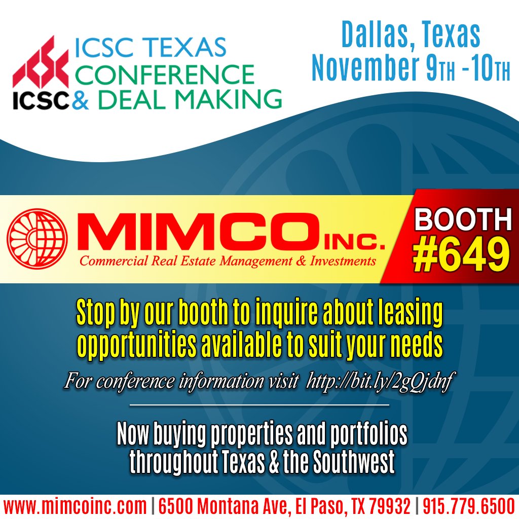 mimcoproperties's tweet photo. Visit #MIMCO today and tomorrow at the #ICSC Texas Conference! #Booth649
#txconf https://t.co/Kz92MmJbgm