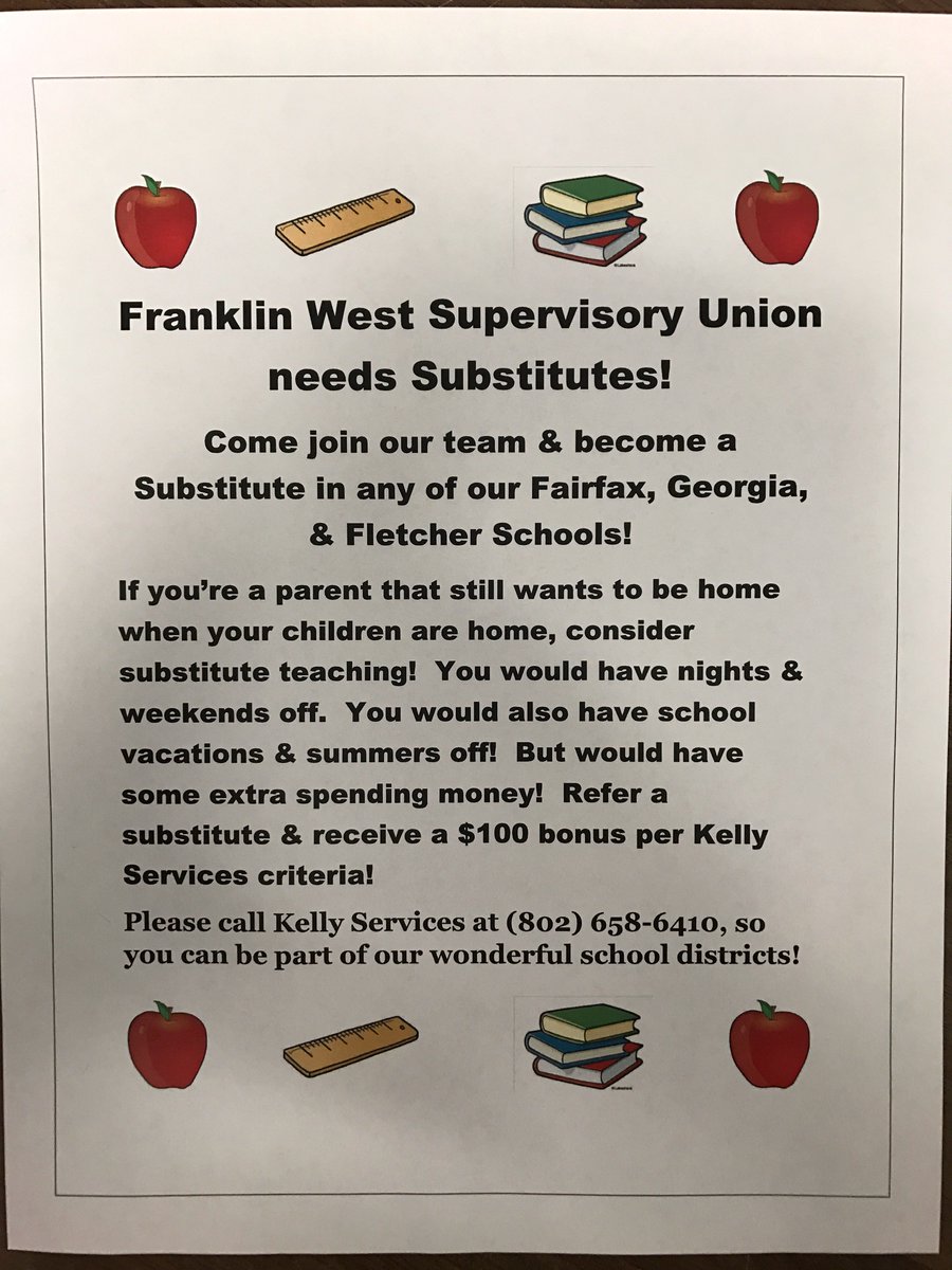 PrincipalChrisD's tweet photo. #FES is actively recruiting substitutes for teachers and paraeducators! #FWSU #FLETCHERVT https://t.co/4UdmtLqbvh