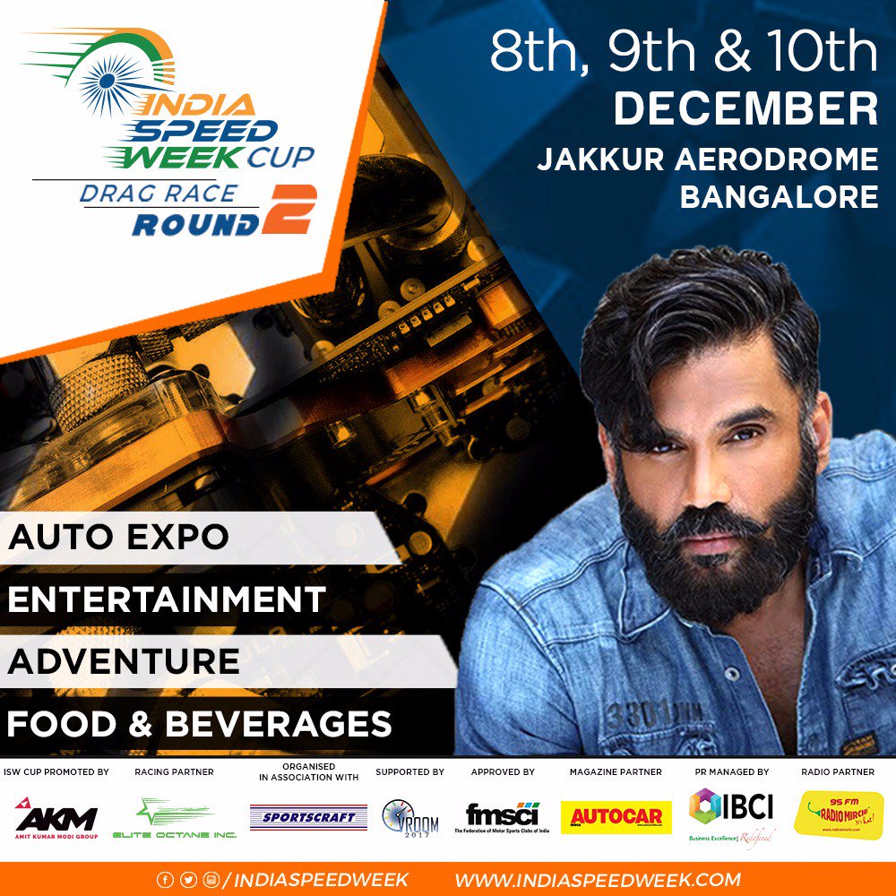indiaspeedweek's tweet photo. Suniel Shetty is ready to increase the rev at #IndiaSpeedWeekRound2!
Event held at Jakkur Aerodrome, Bangalore on 8th, 9th & 10th December, 2017. https://t.co/b0eMESHYve