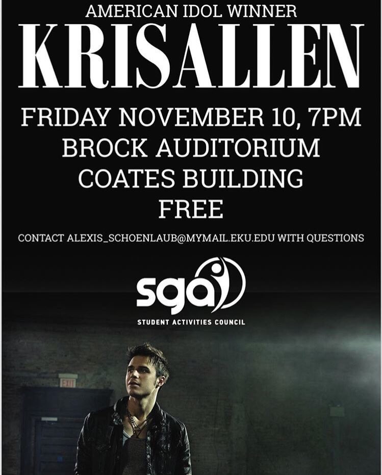 EKU_SGA's tweet photo. Don’t miss out on American Idol Winner, Kris Allen, who will be performing after Fan Jam in Brock Auditorium tomorrow!! https://t.co/RuPO7Nnphv