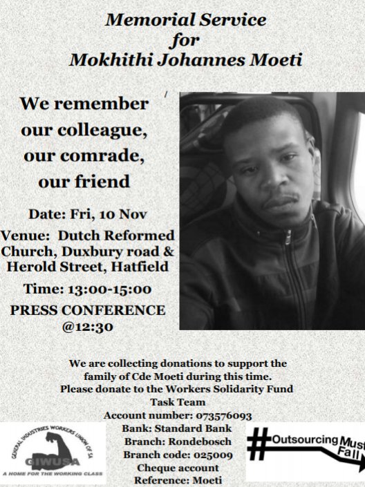 ferronpedro's tweet photo. Brutal Death of Worker at UP! Why is @UPTuks Silent?! Hear what workers have to say. Press Conference tom. Details attachd @SABCNewsOnline @METROFMSA @SAfmnews @safmpmlive  @SABreakingNews  @eNCA @ANN7tv  @etv @etvSunrise @UPFMF  @UP_SRC @TuksUPrising @perdebynews @AfriNewsAgency https://t.co/8MI91sllJA