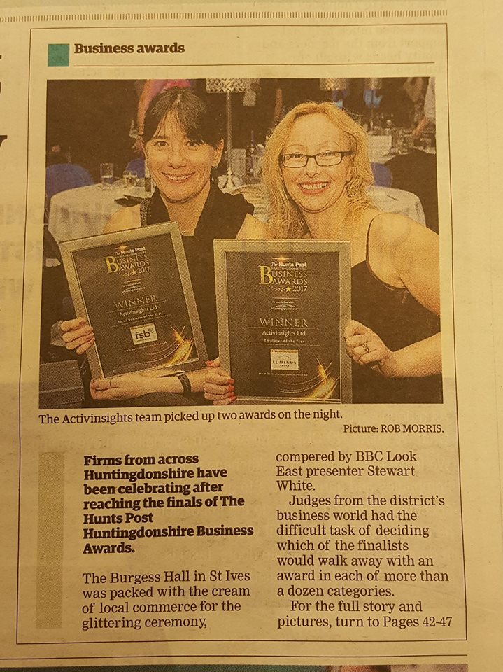 Activinsights's tweet photo. Our wonderful colleagues Sam &amp; Tina made the front page of the #HuntsPost celebrating our success in winning the 2017 #BusinessAwards https://t.co/bYo6FU37uN