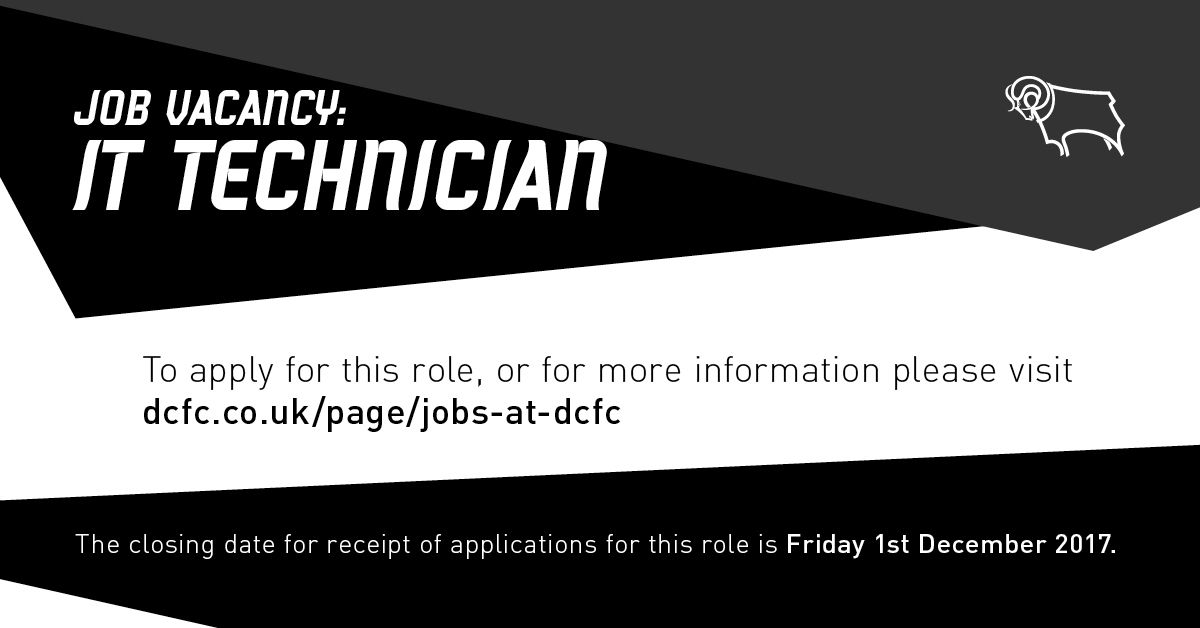 dcfcofficial's tweet photo. VACANCIES: We are recruiting for a IT Technician to join our IT team at Pride Park Stadium! For more information https://t.co/0t6ACgS3zj https://t.co/oXPbLhXvKB