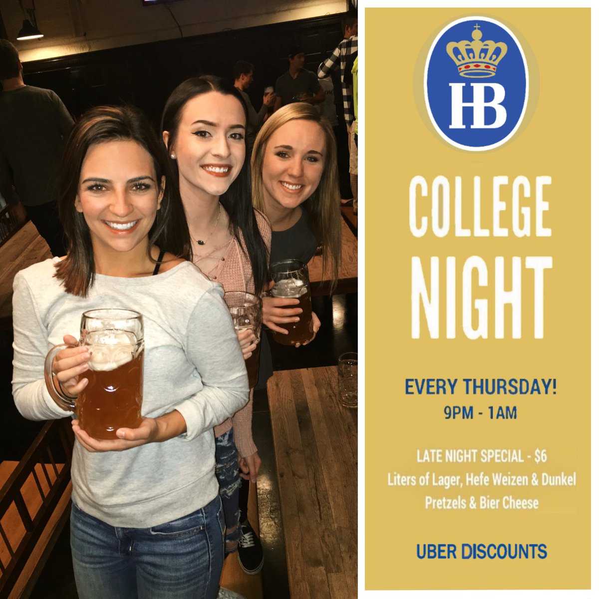 Tonight is the night! 
$6 32oz craft beers
Free pretzel on entry
Live music
Uber Discounts
Extremely fun time!

Click this link for the uber discount/details:
hofbrauhaus.lpages.co/hofbrauhaus-ne…