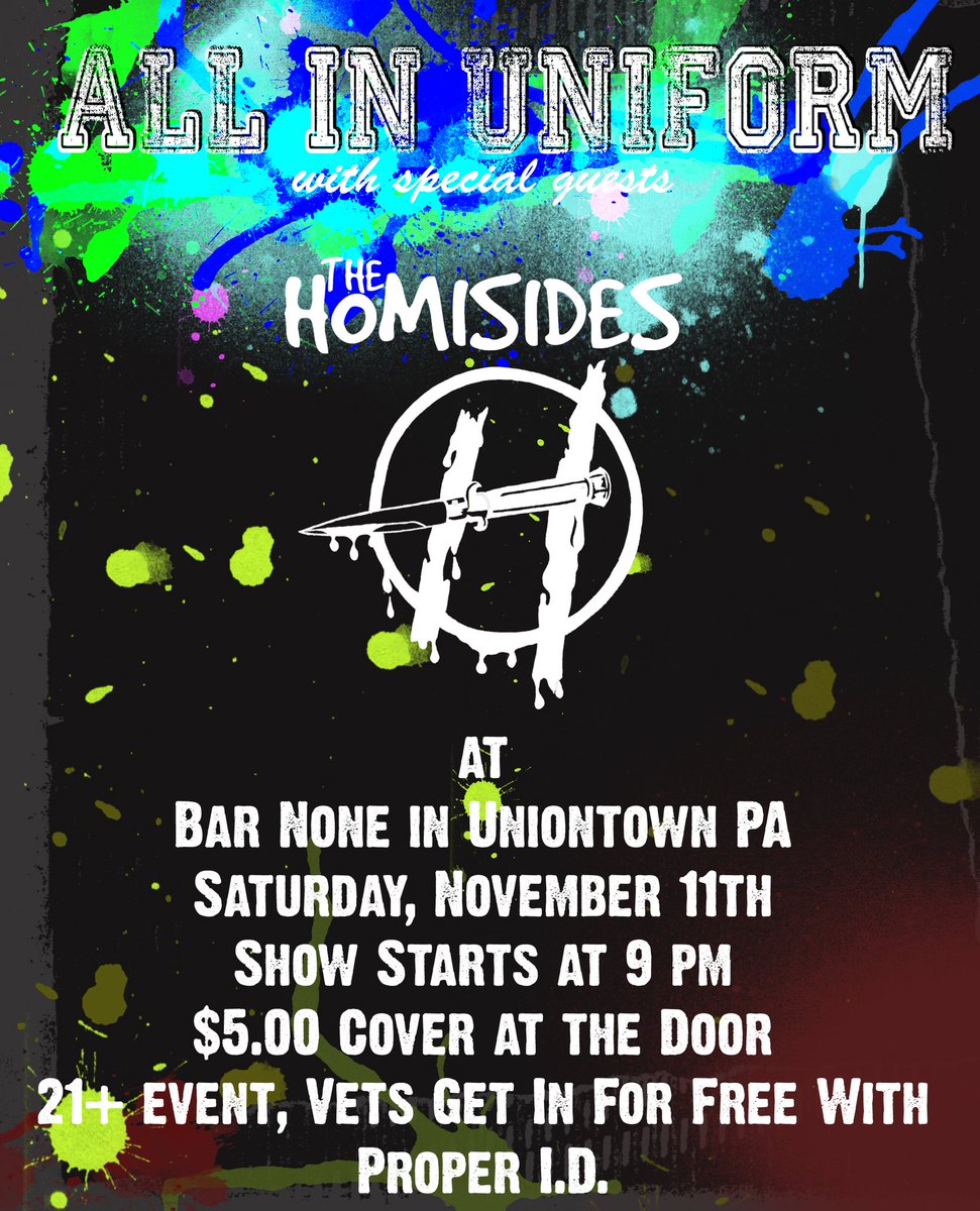 AdamDwDrummer's tweet photo. Come to Bar None in Uniontown this Saturday Nov. 11th and come hang with us and The Homisides. Show starts at 9 pm. @AllInUniform https://t.co/TexmnsrK8d