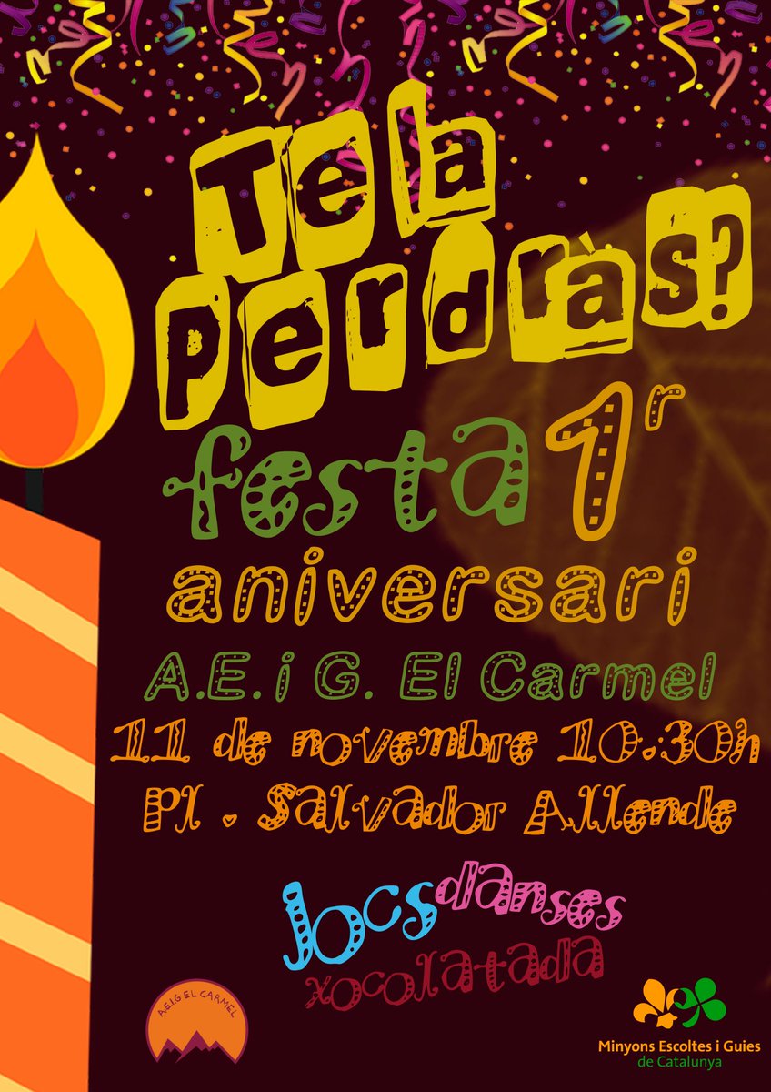 totcarmel's tweet photo. Aquest dissabte 11/11 a les 10.30 esteu tots convidats a la 1ª Festa d'aniversari del Cau el Carmel! Plaça Salvador Allende Us hi esperem!! @bcn_hg @carmelamunt @sortimbcn @civiccarmel @crajbcn @cjbcn @bcn_joventut https://t.co/KIghF0MsY1