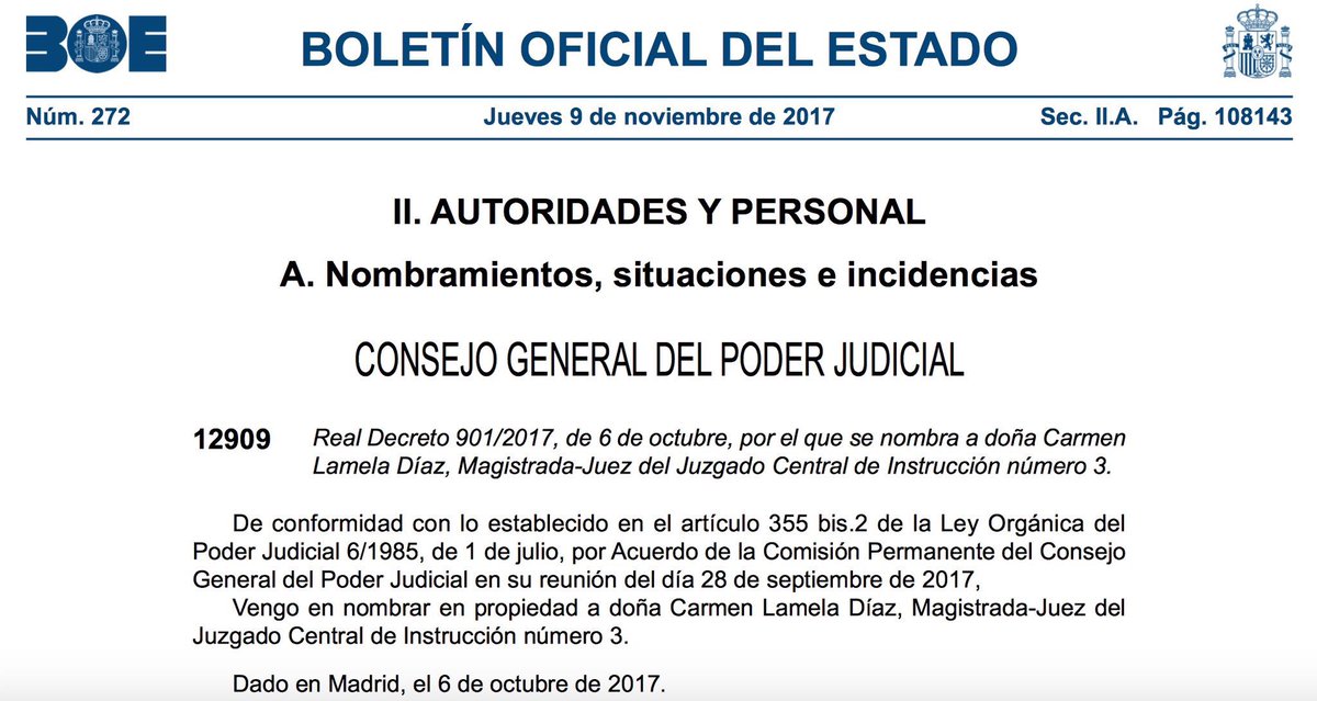 joanguirado's tweet photo. 🔴🔴 ÚLTIMA HORA | El Consejo General del Poder Judicial premia a la juez Carmen Lamela dándole de forma fija la titularidad del juzgado 3 de la Audiencia Nacional. Lo publica hoy el BOE. https://t.co/5EL5j8JGr9