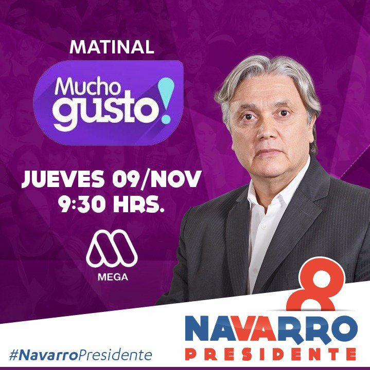 equipoNavarro's tweet photo. No se pierdan la participación de @navarrobrain  en el matinal Mucho Gusto de @Mega #NavarroPresidente https://t.co/0bApQyRQwU